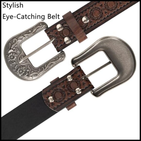 Vintage Western Belt Carved Buckle PU Leather Waist Accessory Chic Retro - Picture 4 of 7